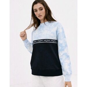 Fred Perry Sweatshirt Women's 6 Blue Tie Dye Logo Tape Crewneck Small Medium Top